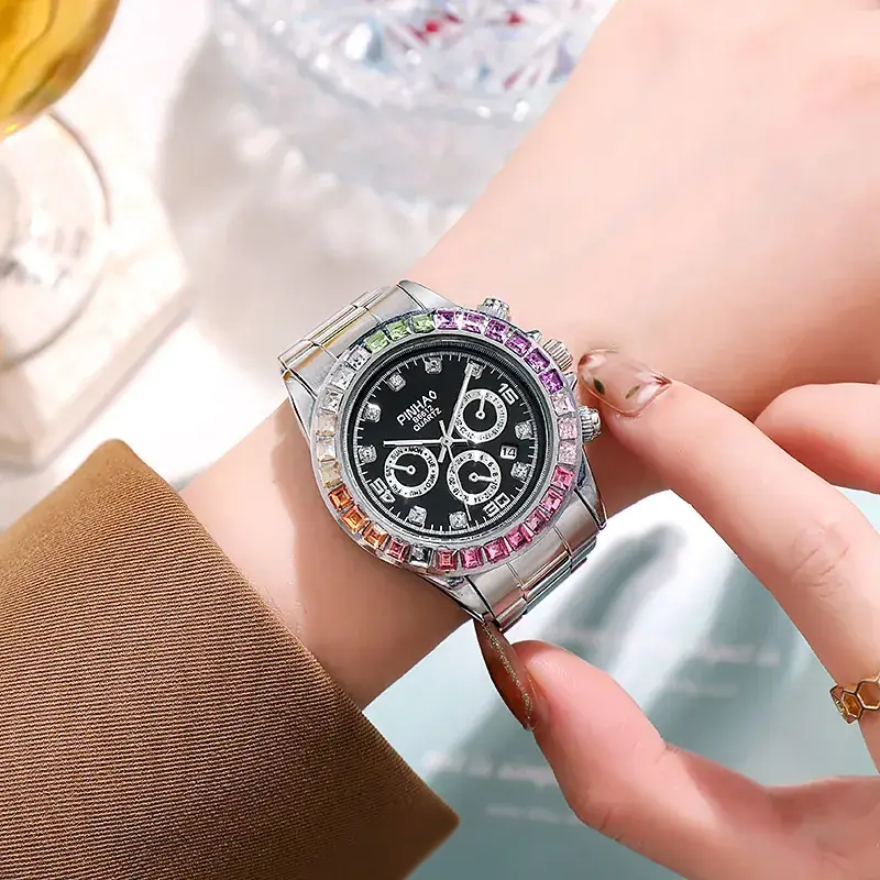 Prima Mobile Gold Watch with Rainbow Rhinestones - Image 8