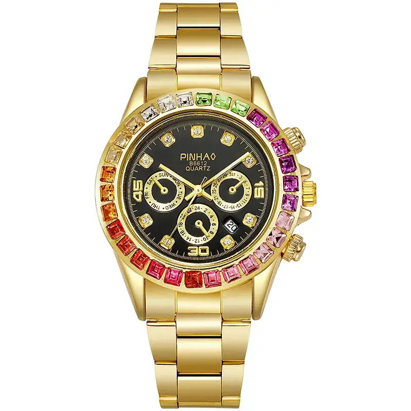 Prima Mobile Gold Watch with Rainbow Rhinestones - Image 2