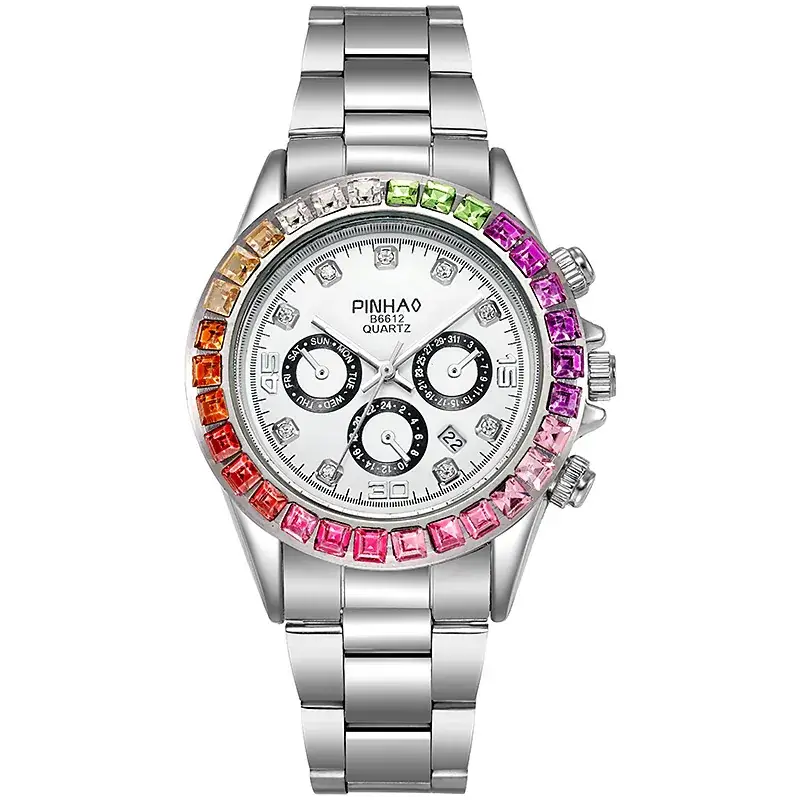 Prima Mobile Gold Watch with Rainbow Rhinestones - Image 3