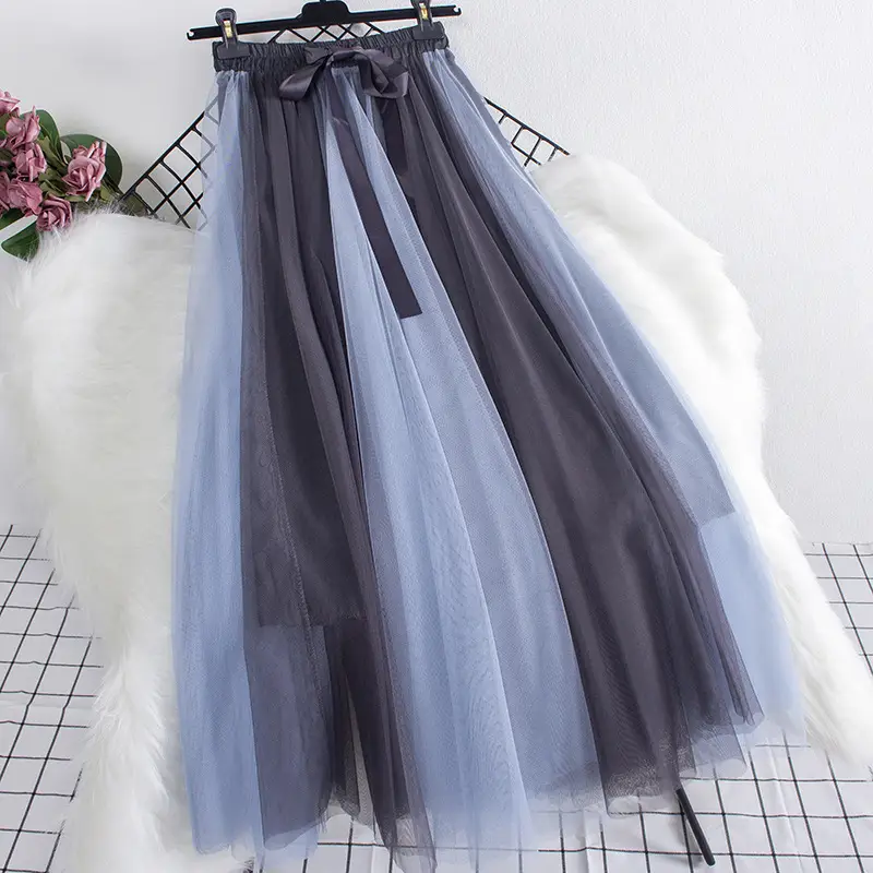 Women's Long Gauze Skirt Brown White High Waist Slimming - Image 9