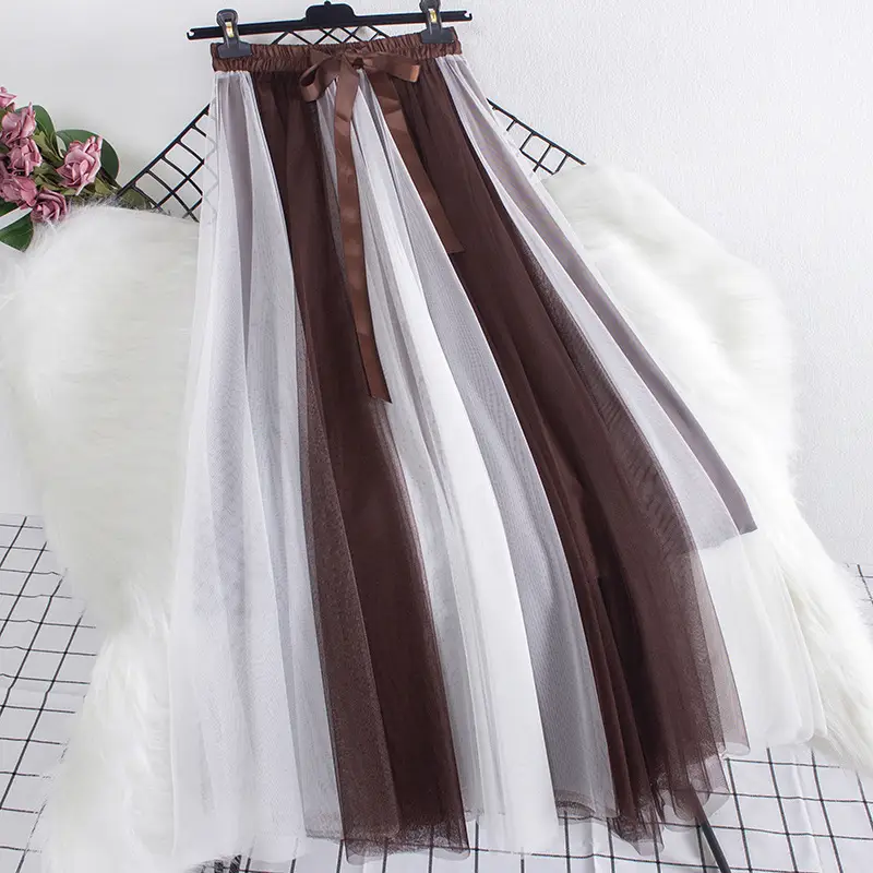 Women's Long Gauze Skirt Brown White High Waist Slimming - Image 10