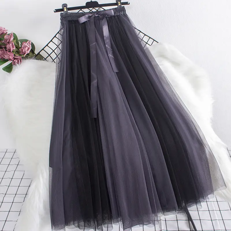Women's Long Gauze Skirt Brown White High Waist Slimming - Image 11