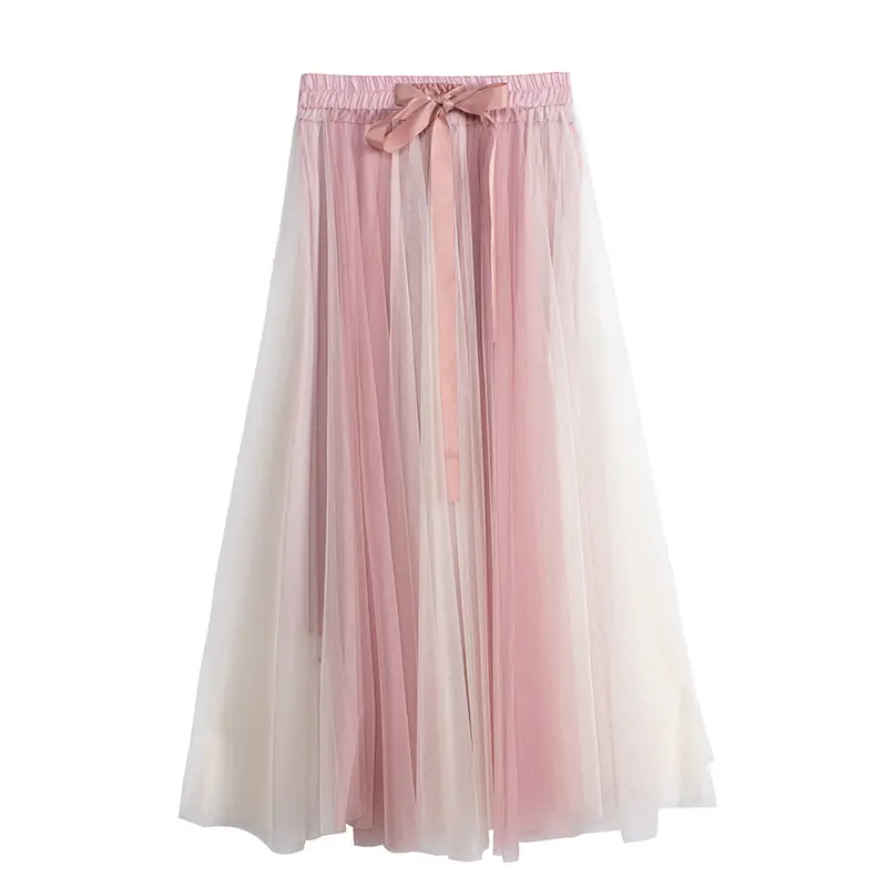 Women's Long Gauze Skirt Brown White High Waist Slimming - Image 12