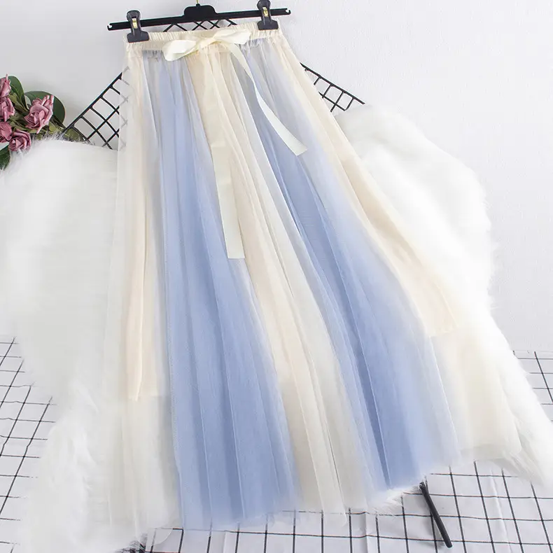 Women's Long Gauze Skirt Brown White High Waist Slimming - Image 2