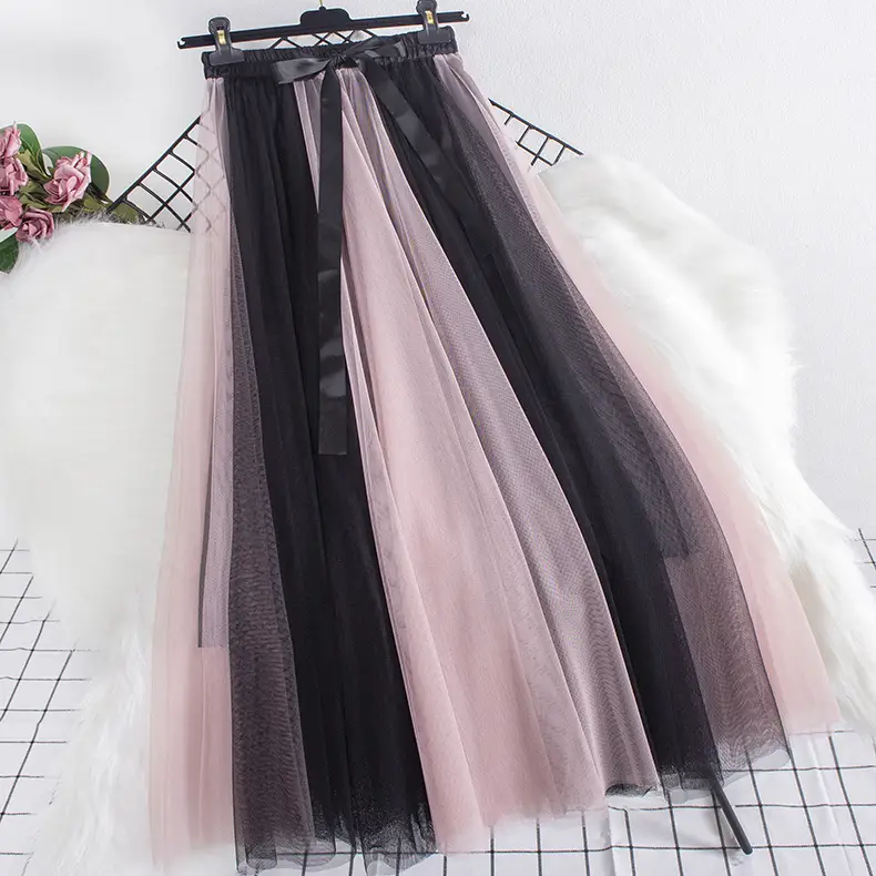 Women's Long Gauze Skirt Brown White High Waist Slimming - Image 3