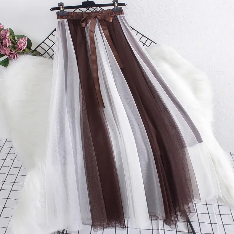 Women's Long Gauze Skirt Brown White High Waist Slimming - Image 5