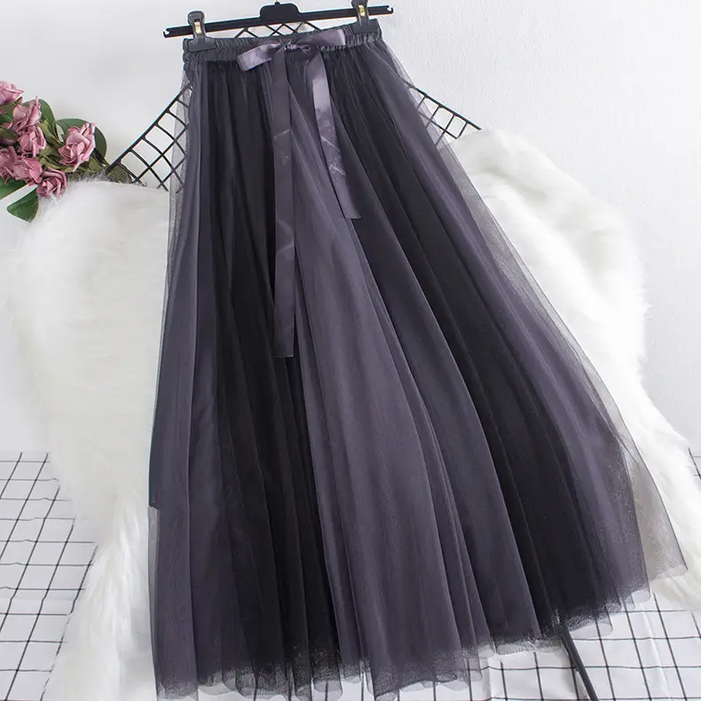 Women's Long Gauze Skirt Brown White High Waist Slimming - Image 6