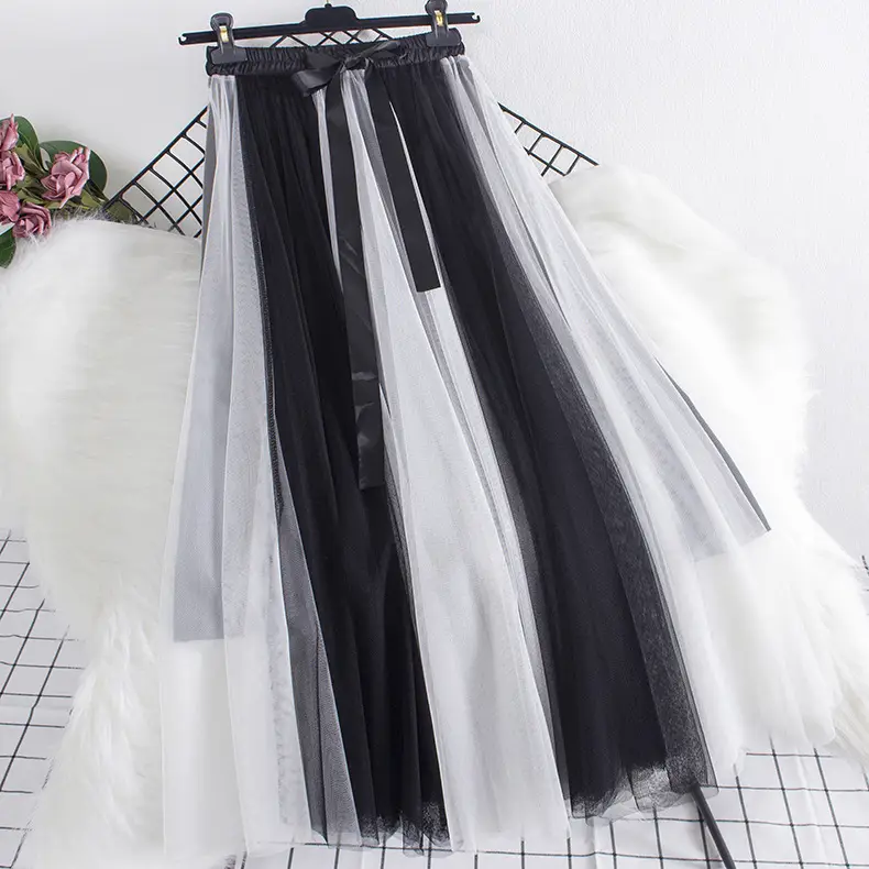 Women's Long Gauze Skirt Brown White High Waist Slimming - Image 7