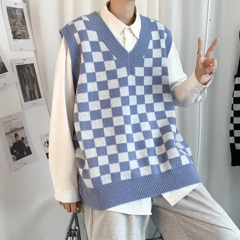 Men's Black White Checkered Sleeveless Vest - Image 5