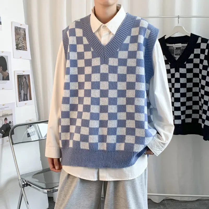 Men's Black White Checkered Sleeveless Vest - Image 3