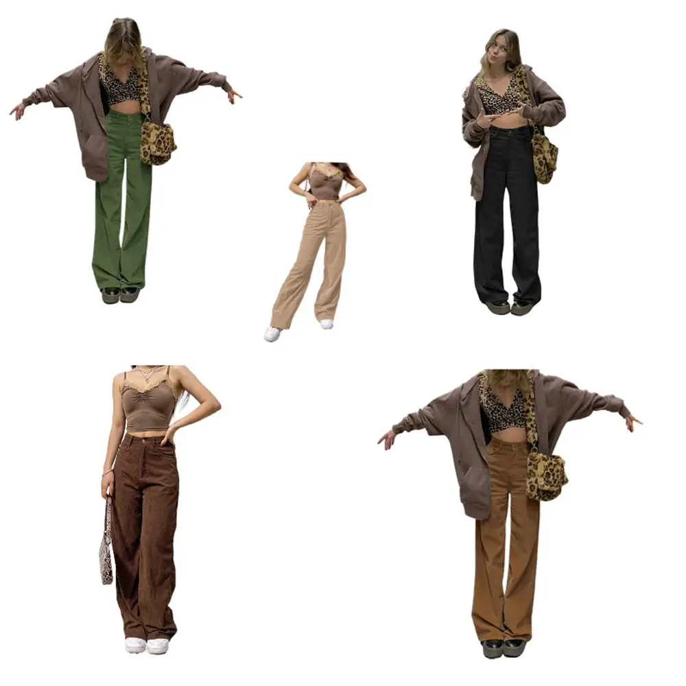 2024 Women's Cross-Border Pants Solid Color Retro Corduroy High Waist Casual Long Slim Wide Leg Pants - Image 4