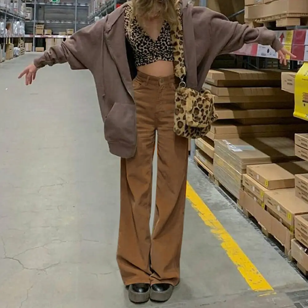 2024 Women's Cross-Border Pants Solid Color Retro Corduroy High Waist Casual Long Slim Wide Leg Pants - Image 5