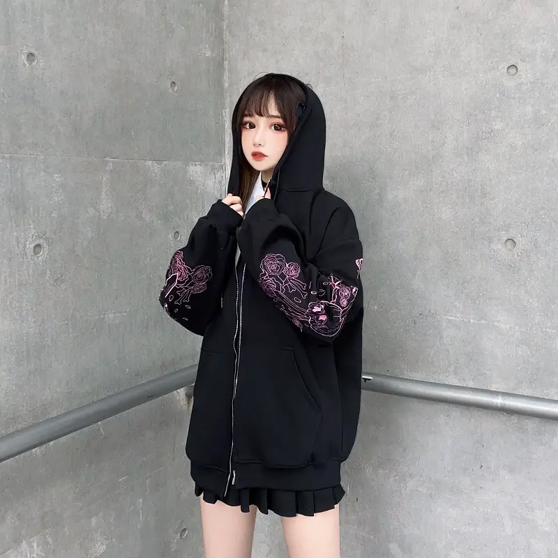 Black Printed Hoodie with Guitar Embroidery for Women - Image 4