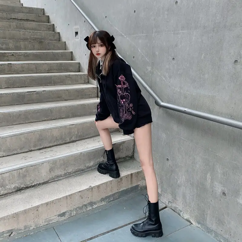 Black Printed Hoodie with Guitar Embroidery for Women - Image 5