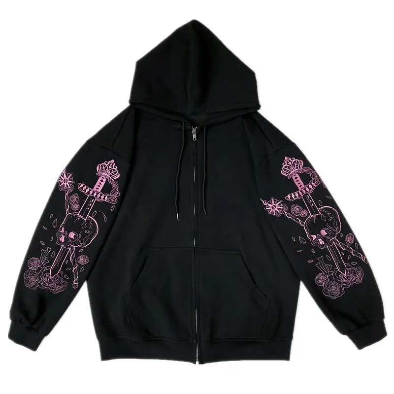 Black Printed Hoodie with Guitar Embroidery for Women - Image 6