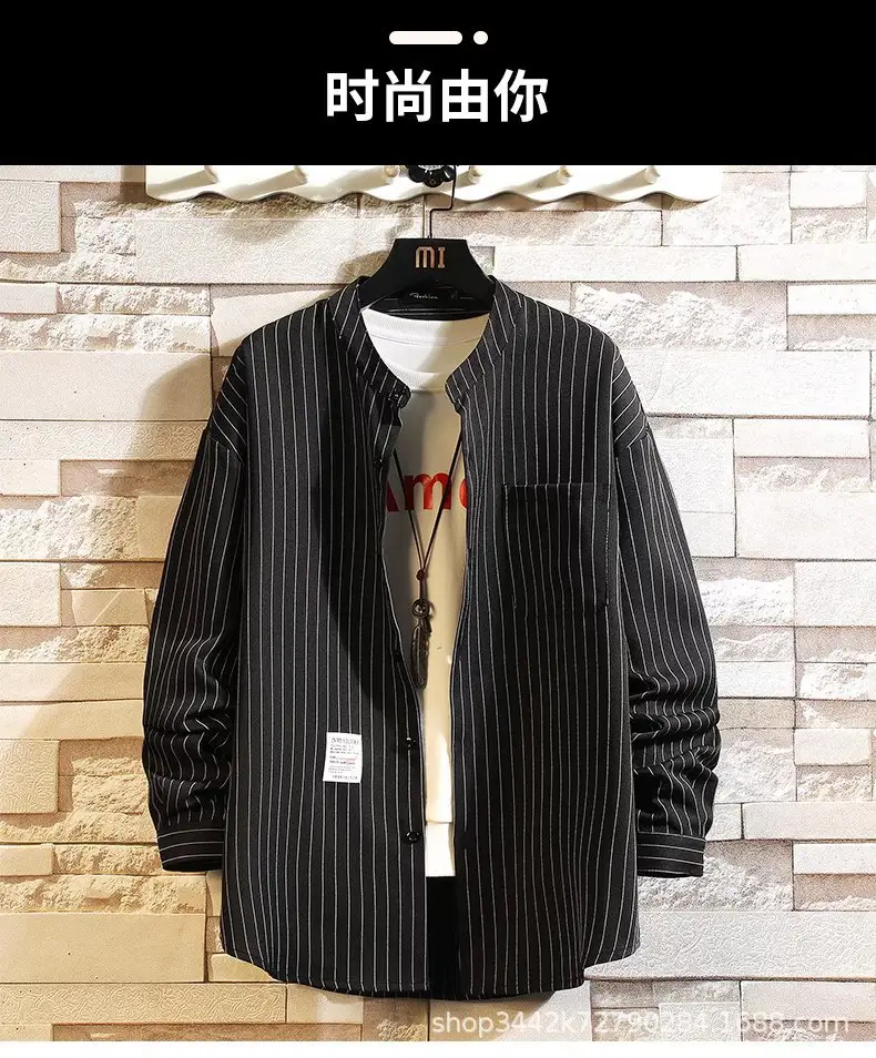 Autumn Men Striped Long Sleeve Shirt Large - Image 4