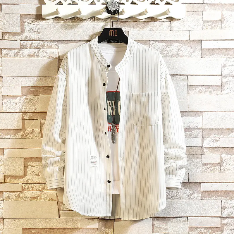 Autumn Men Striped Long Sleeve Shirt Large - Image 5