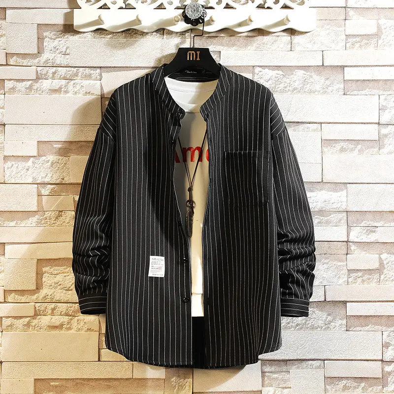 Autumn Men Striped Long Sleeve Shirt Large - Image 6