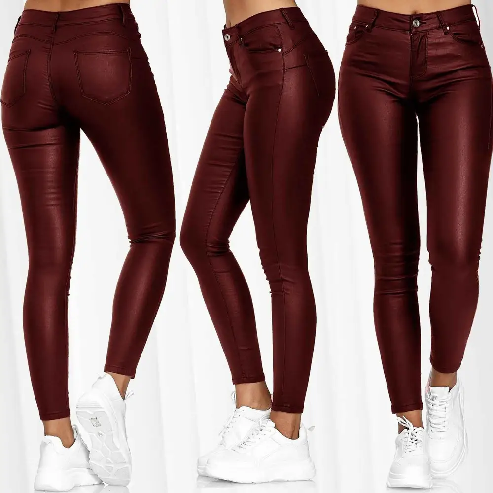 Women's Black Leather Slim Fit High Waist Pants Small Leg