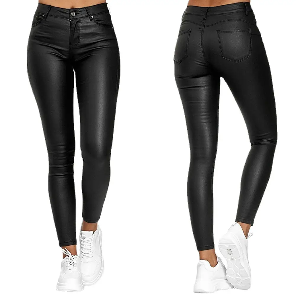 Women's Black Leather Slim Fit High Waist Pants Small Leg