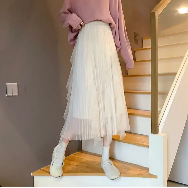 Women Ruffled Mesh Midi Skirt Large Hem Pleated Winter - Image 6