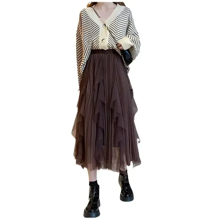 Women Ruffled Mesh Midi Skirt Large Hem Pleated Winter - Image 7