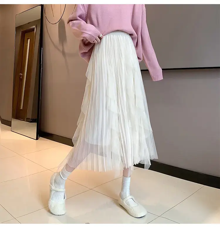 Women Ruffled Mesh Midi Skirt Large Hem Pleated Winter - Image 2