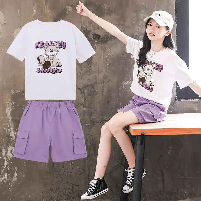 Girls 2Pc Cotton Graphic Shorts Set White Purple Summer 2025 - Image 2
