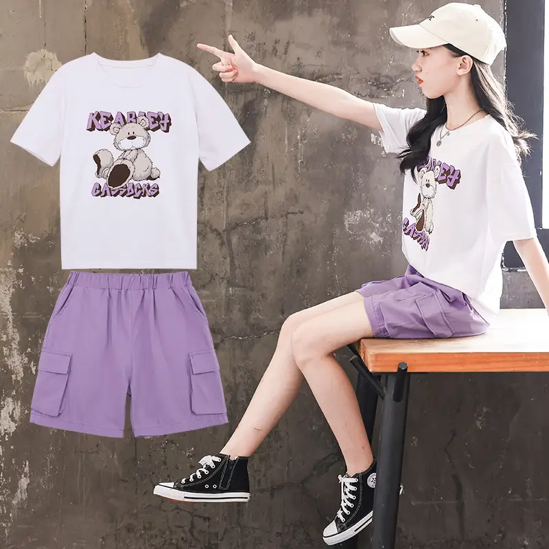 Girls 2Pc Cotton Graphic Shorts Set White Purple Summer 2025 - Image 3