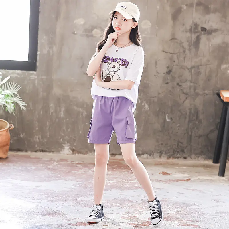 Girls 2Pc Cotton Graphic Shorts Set White Purple Summer 2025 - Image 4
