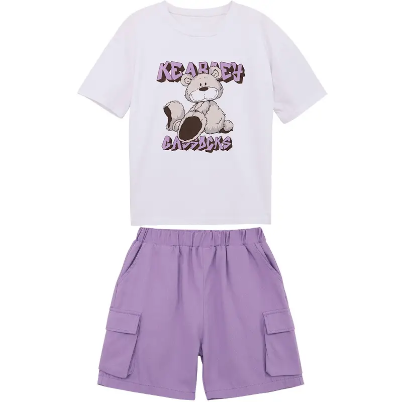 Girls 2Pc Cotton Graphic Shorts Set White Purple Summer 2025 - Image 6