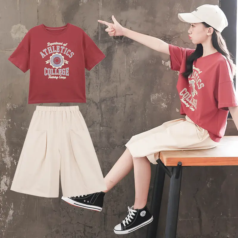 Girls 2-Piece Summer Suit Grey T-Shirt Beige Shorts Set - Image 3