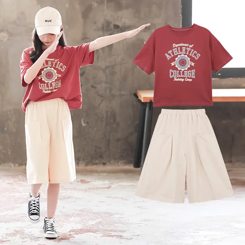 Girls 2-Piece Summer Suit Grey T-Shirt Beige Shorts Set - Image 4