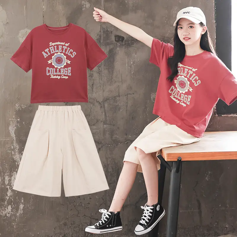 Girls 2-Piece Summer Suit Grey T-Shirt Beige Shorts Set - Image 5