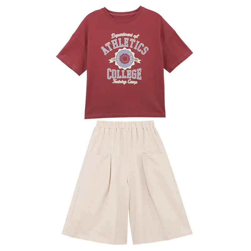 Girls 2-Piece Summer Suit Grey T-Shirt Beige Shorts Set - Image 7