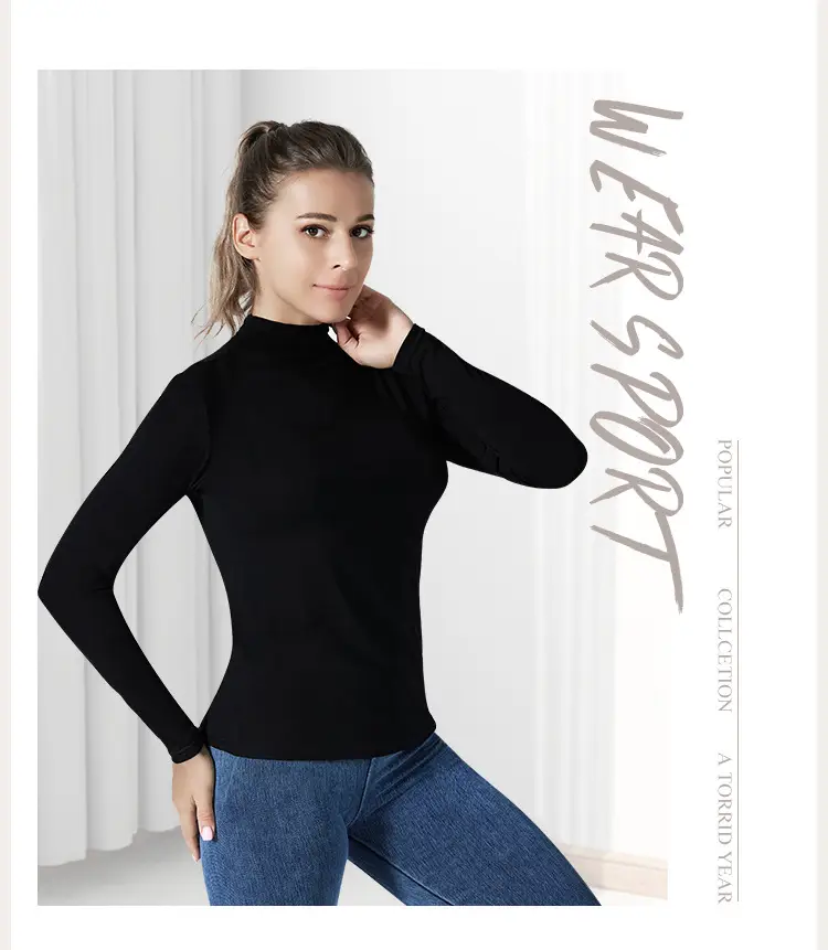 Women's Black Long Sleeve Turtleneck Shirt with Elastic Waist — feature 10