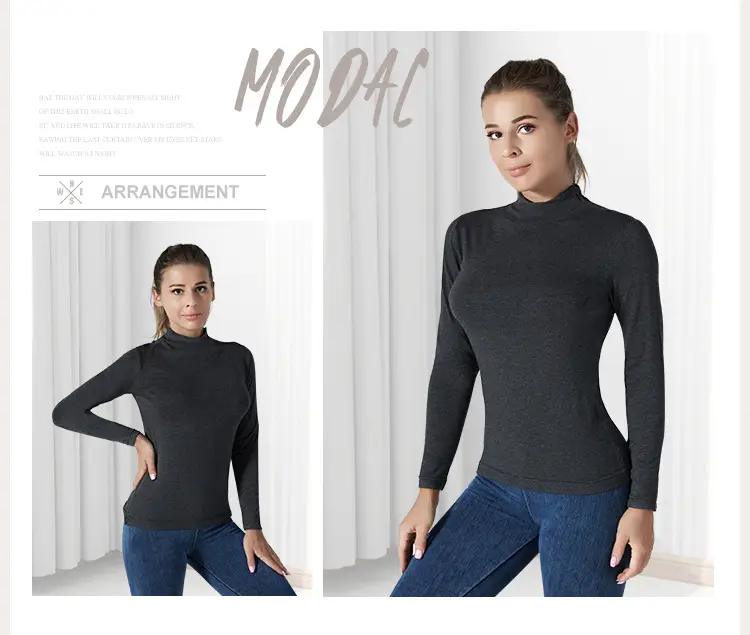 Women's Black Long Sleeve Turtleneck Shirt with Elastic Waist — feature 11