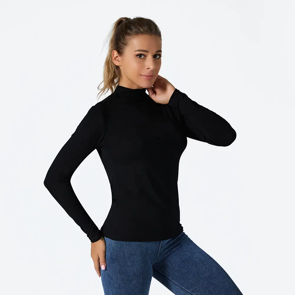 Women's Black Long Sleeve Turtleneck Shirt with Elastic Waist - Image 3