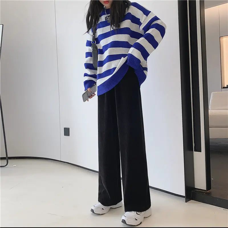 Women Velvet Corduroy Wide Leg Pants Black High Waist - Image 5