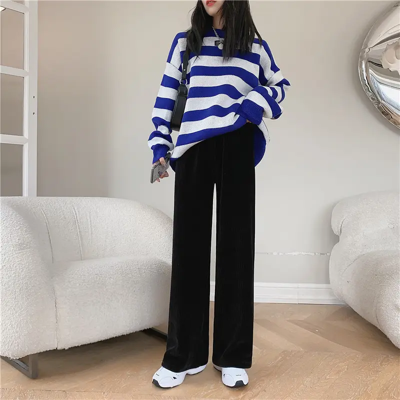 Women Velvet Corduroy Wide Leg Pants Black High Waist — feature 10