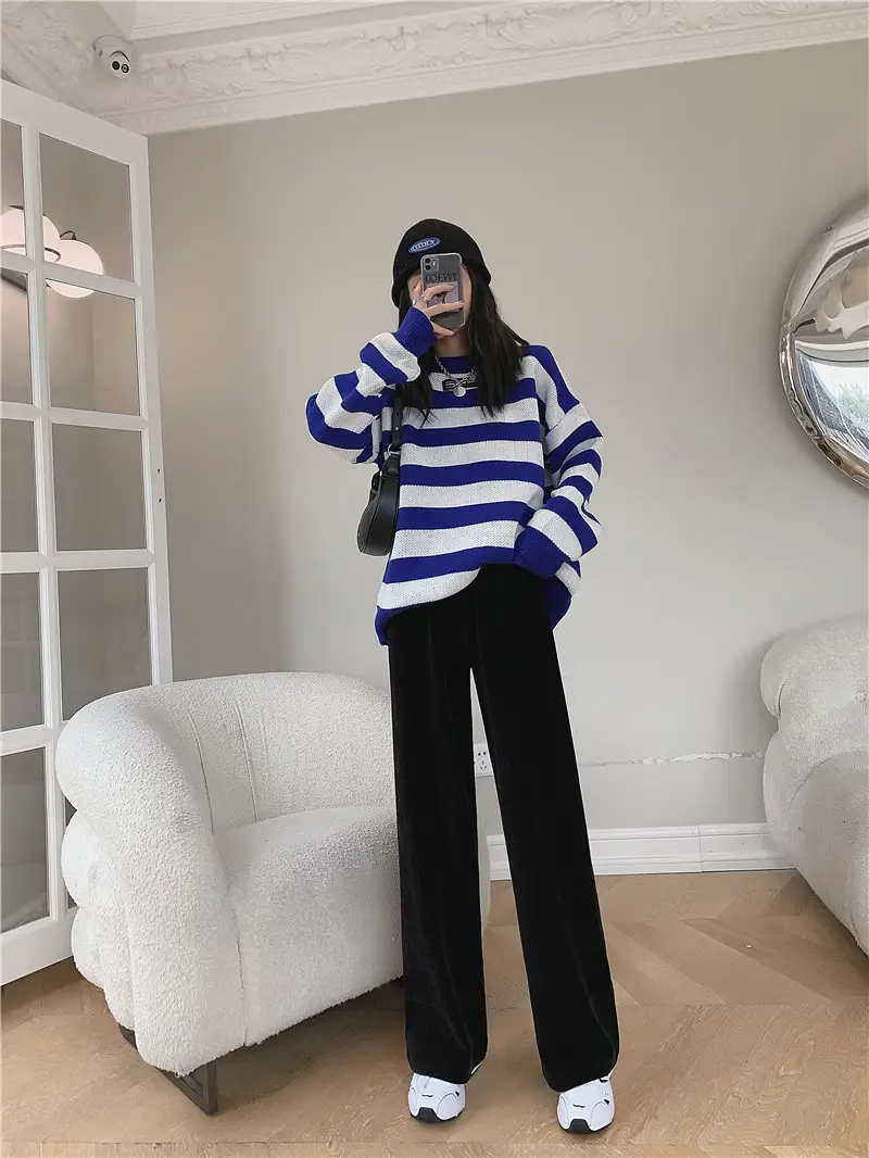 Women Velvet Corduroy Wide Leg Pants Black High Waist — feature 11