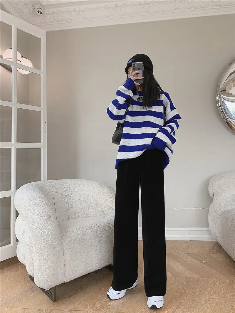 Women Velvet Corduroy Wide Leg Pants Black High Waist — feature 12