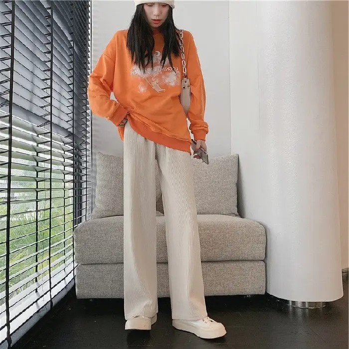 Women Velvet Corduroy Wide Leg Pants Black High Waist - Image 2
