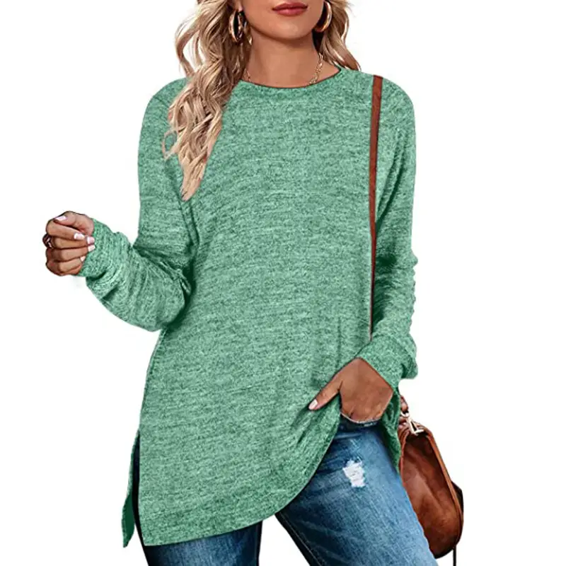 Green Long Sleeve Round Neck T-Shirt for Women