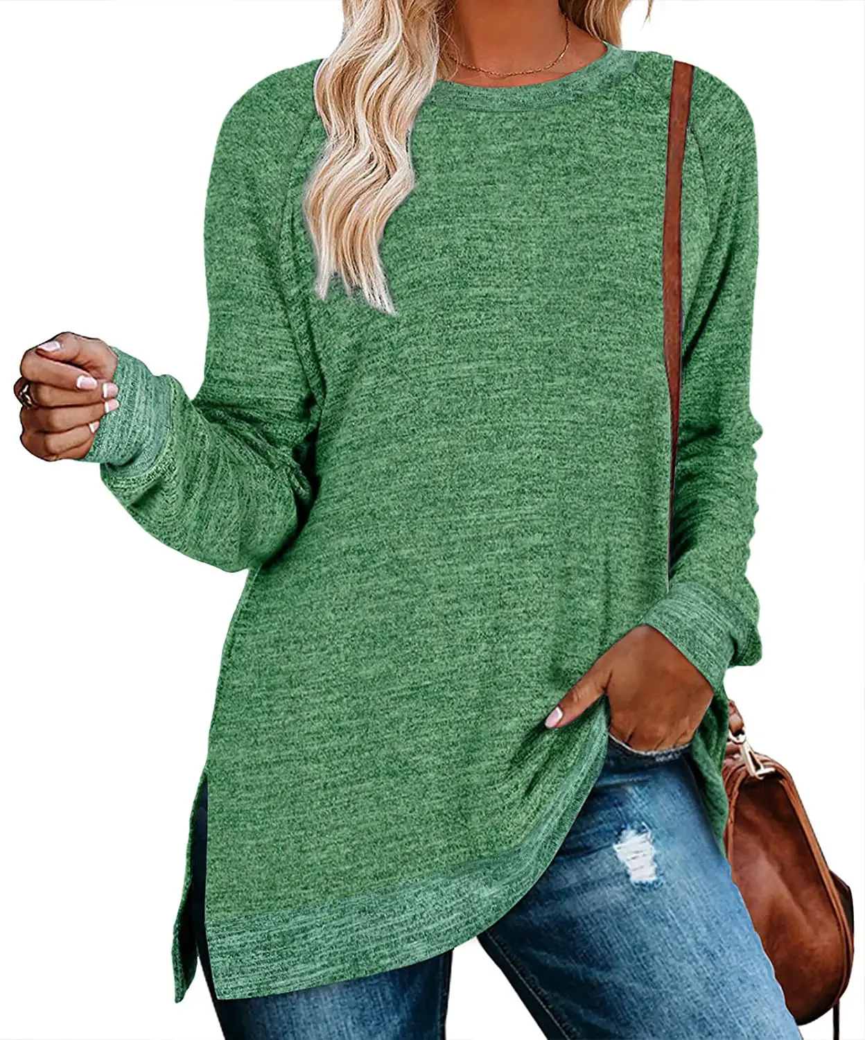 Green Long Sleeve Round Neck T-Shirt for Women