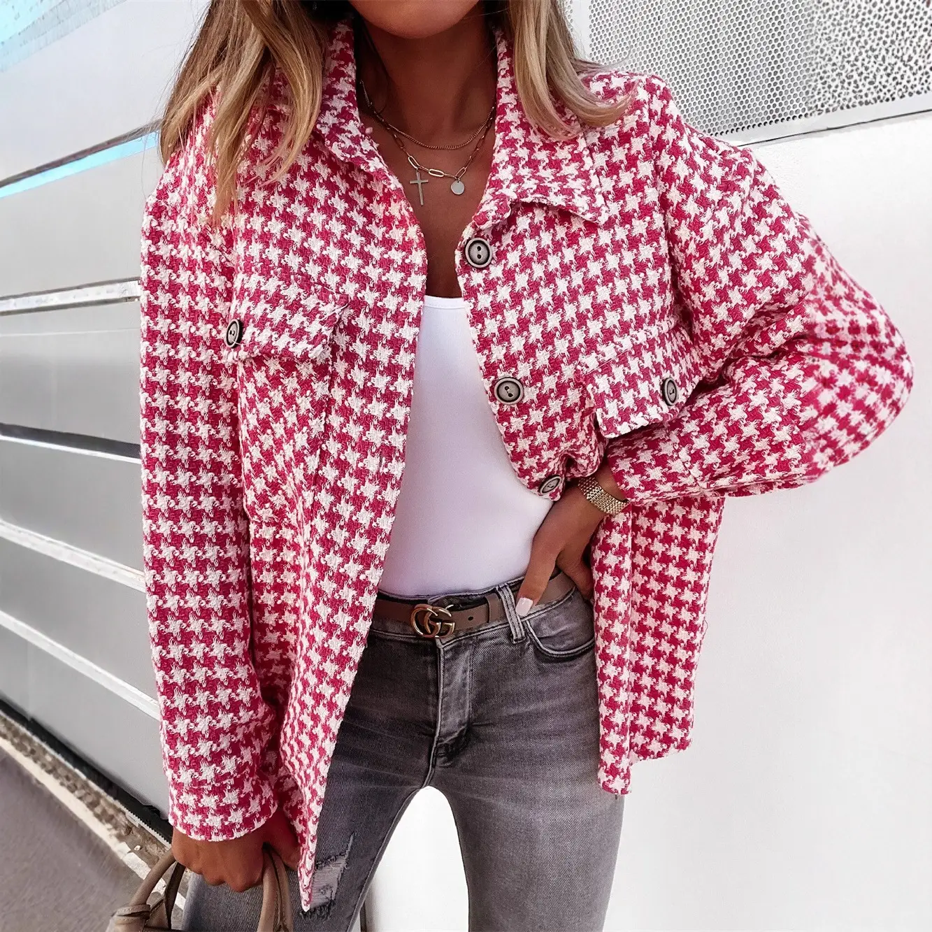 2021 Houndstooth Woolen Long Sleeve Coat Blue White - Image 5