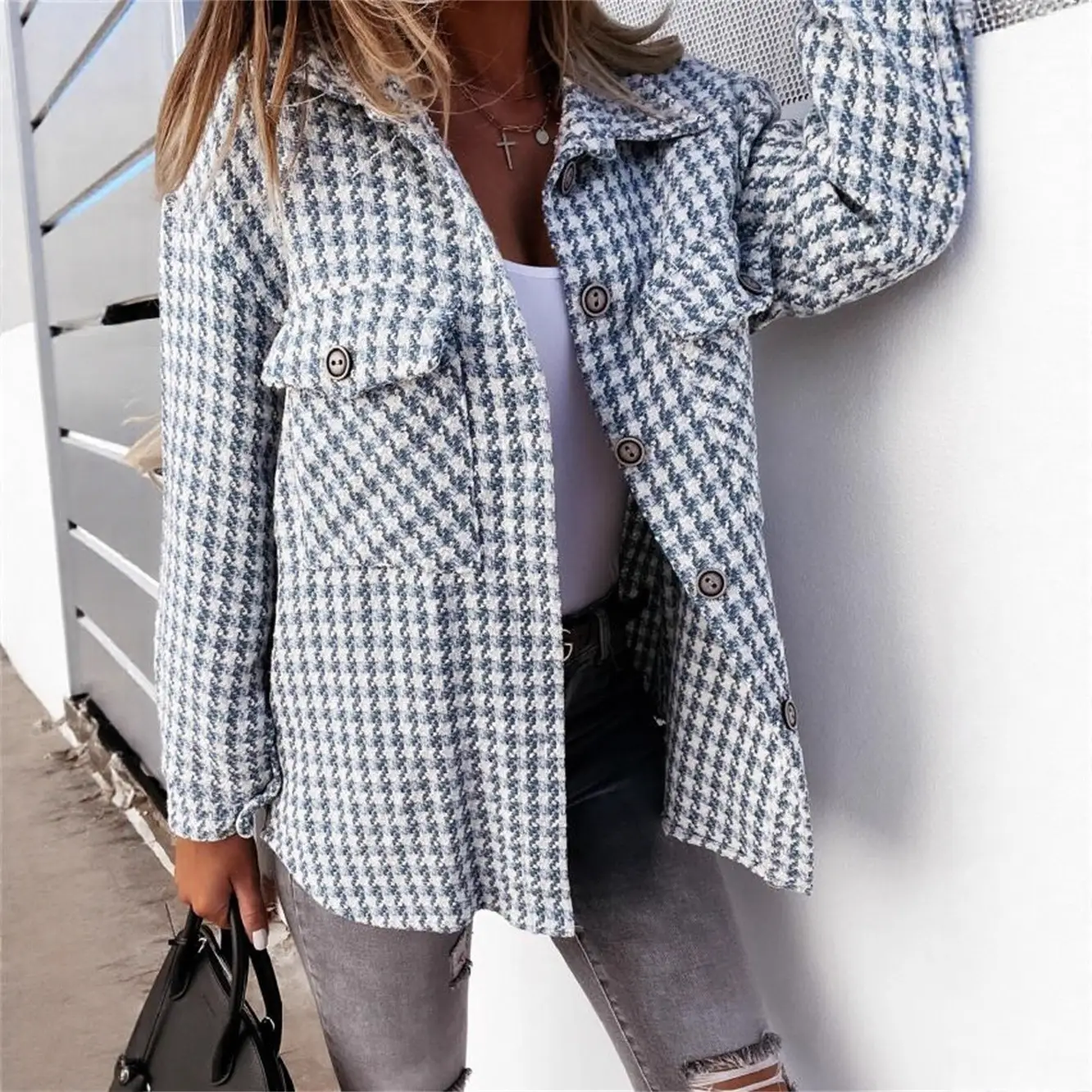 2021 Houndstooth Woolen Long Sleeve Coat Blue White - Image 7