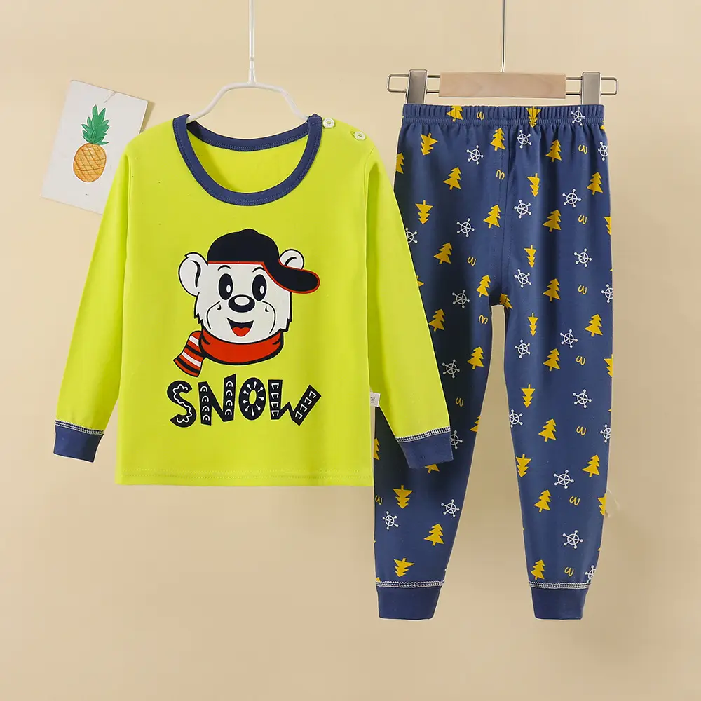 Baby Cotton Pajamas Set Yellow Blue Snowman Print - Image 3