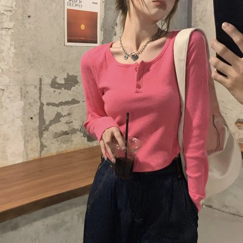 Women Pink V-Neck Long Sleeve T-Shirt - Image 6