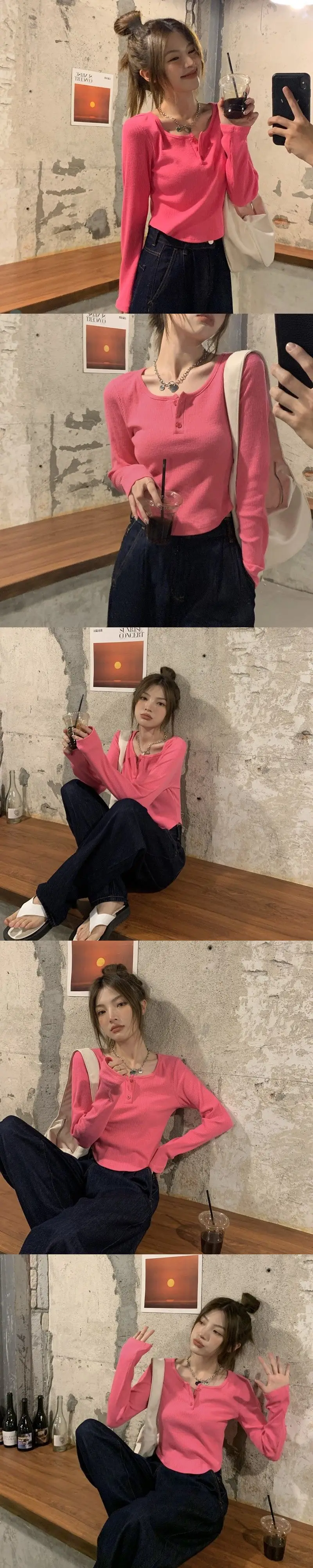 Women Pink V-Neck Long Sleeve T-Shirt — feature 3